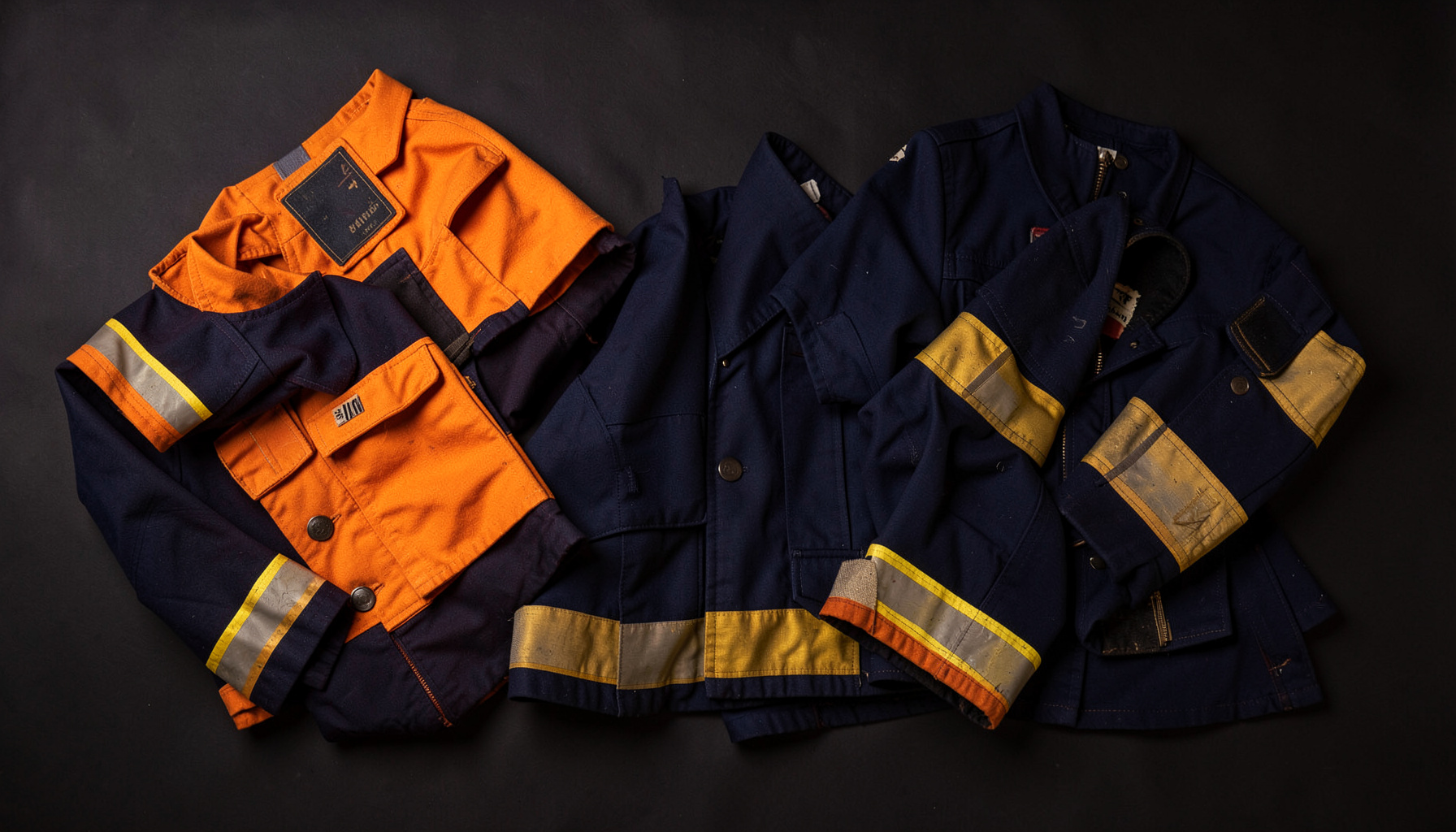 Overhead flat-lay photograph of firefighter turnout gear arranged on a dark surface, deep navy and golden-yellow accents, warm dramatic mood